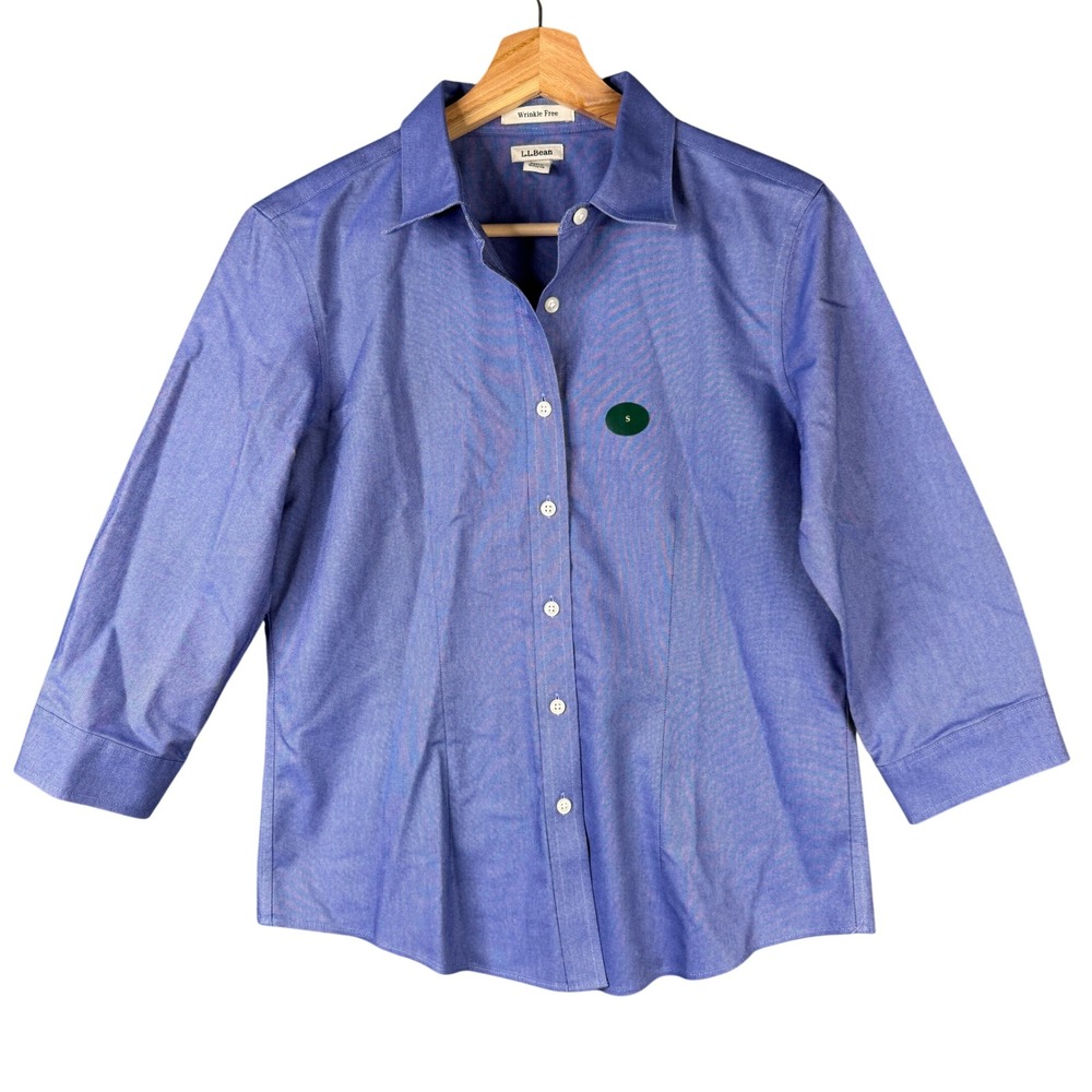 LL Bean Womens Blue Wrinkle Free Pinpoint Oxford Shirt 3/4 Sleeve Size S 254819